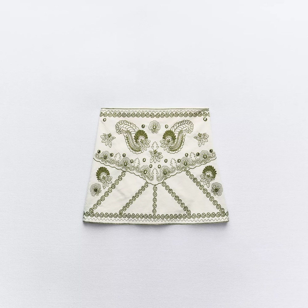 Zara White Mini Skirt with Olive Green Embroidered Paisley